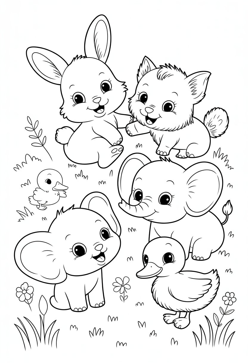 Coloring Pages Cute Ideas for Kids: 21 Engaging Designs to Inspire Creativity 28 A group of baby animals including a bunny, fox, elephant, and duckling sitting together surrounded by grass and flowers.